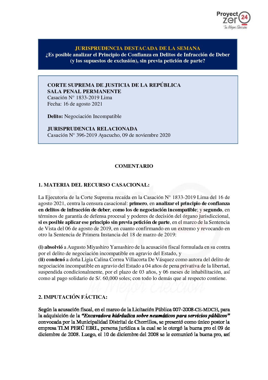 ¿Es posible analizar el Principio de Confianza en Delitos de Infracción de Deber  (y los supuestos de exclusión), sin previa petición de parte? (Casación N° 1833-2019 Lima)