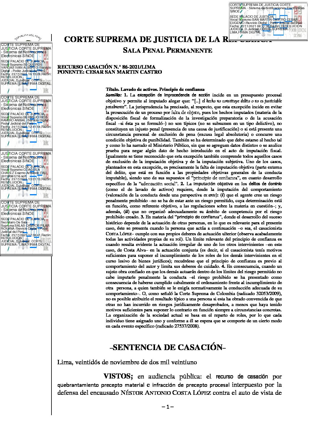 Lavado de Activos:  Excepción de Improcedencia de Acción y Principio de Confianza (Casación N° 86-2021-Lima)