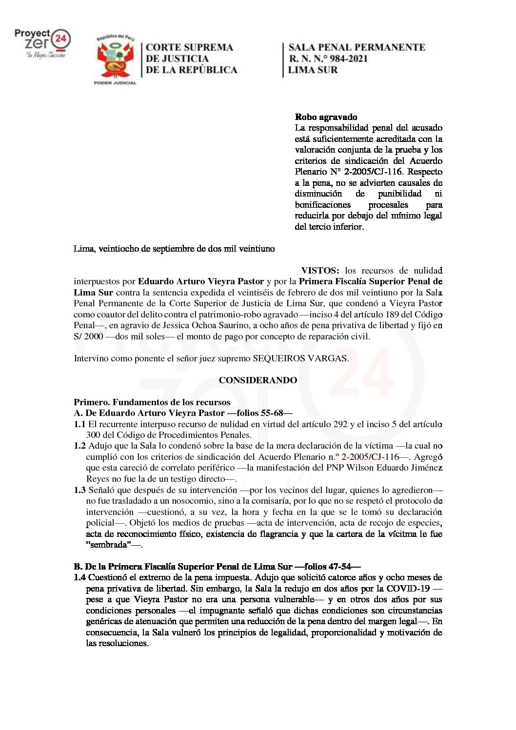 ¿El Covid-19 como Supuesto de Disminución de la Pena? (Recurso de Nulidad N° 984-2021 Lima Sur)